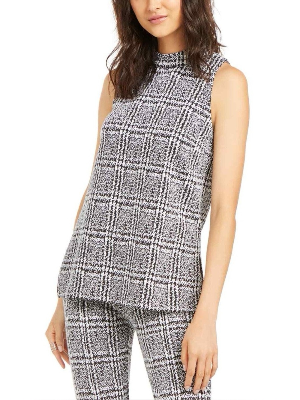 Michael Kors Sleeveless Top Sz Medium Black White Back Zip Moc Neck Herringbone
